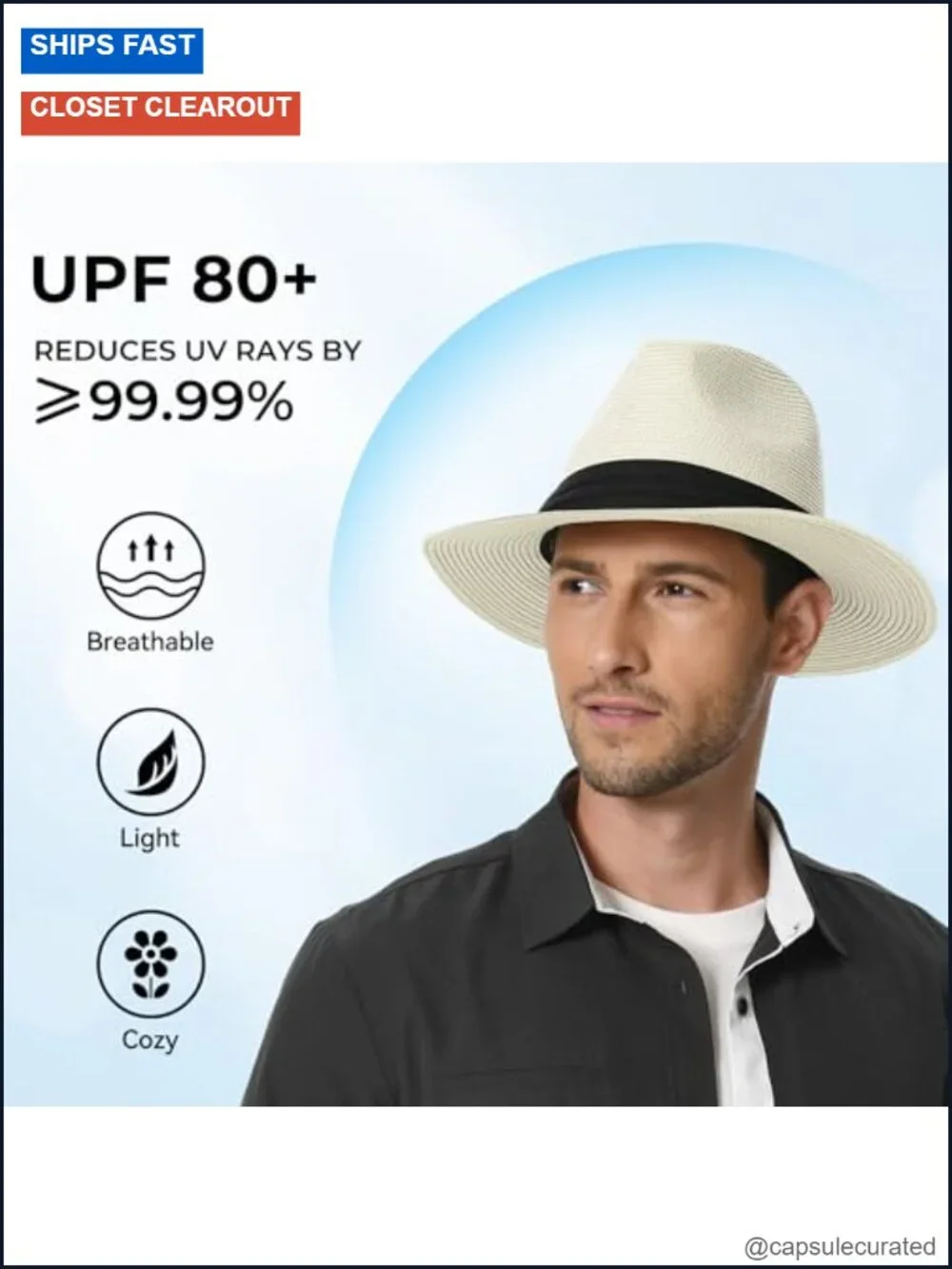 Straw Wide Brim Fedora Sun Hat UPF 80+ Adjustable Beach Hat